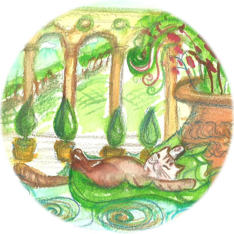 Aquarell: eine Katze liegt auf einem Seerosenblatt in einem Wasserbecken, dahinter eine Säulenhalle mit Kübelpflanzen