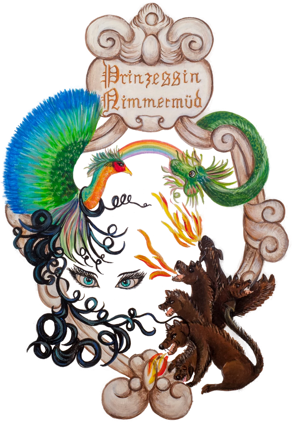 Gemaltes Titelbild: ein Wappenschild mit der Aufschrift Prinzessin Nimmermüd, darunter ein Pfau, ein grüner Drache und ein mehrköpfiger Höllenhund um zwei blaue Augen