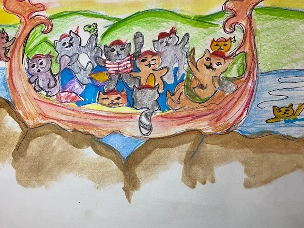 Watercolour drawing: a crew of cats in pirate hats and striped shirts crowds into a long red-and-orange boat on a blue river, one of them swimming alongside.